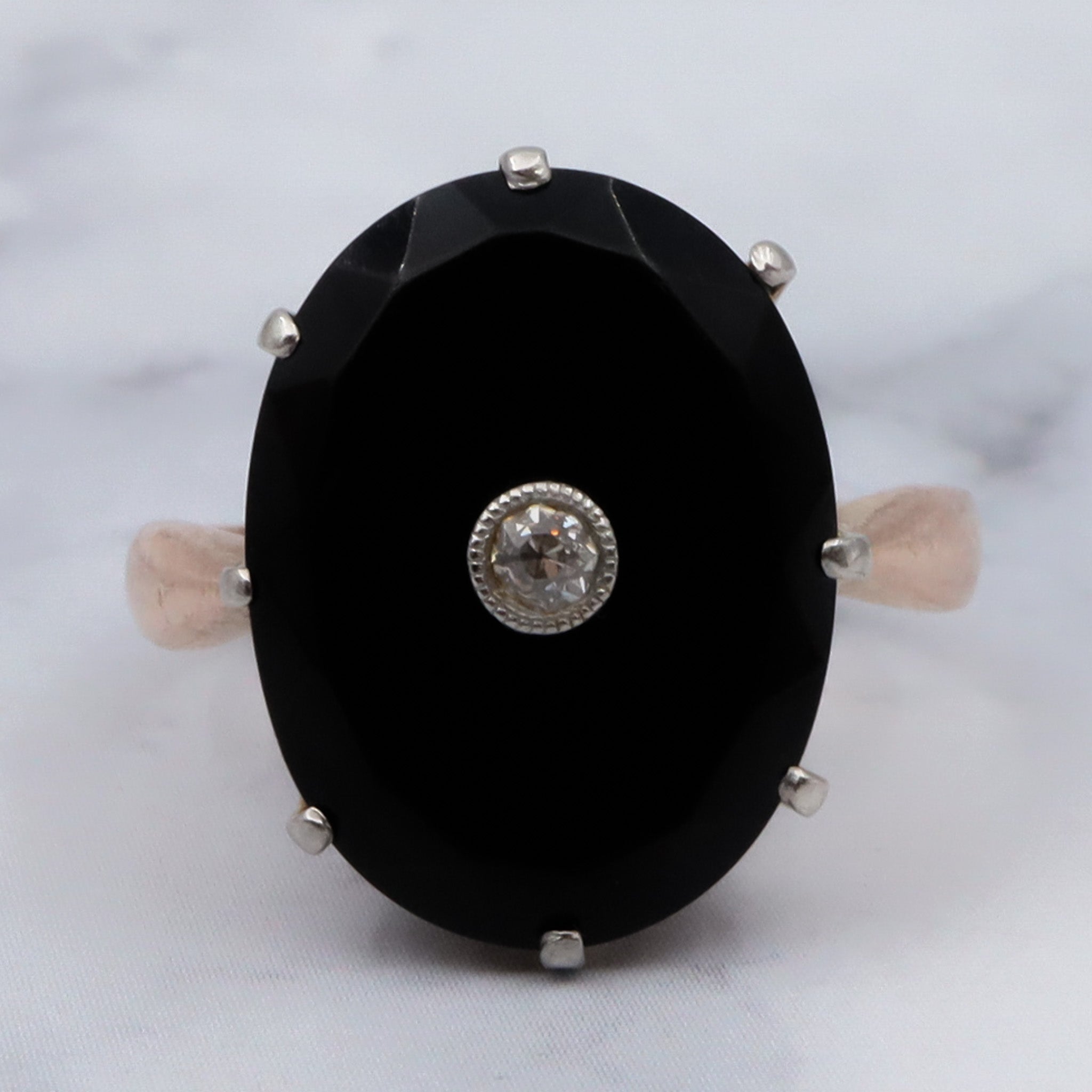 Antique Victorian 18k gold faceted onyx with old European cut diamond center with platinum tip ring, sz 6